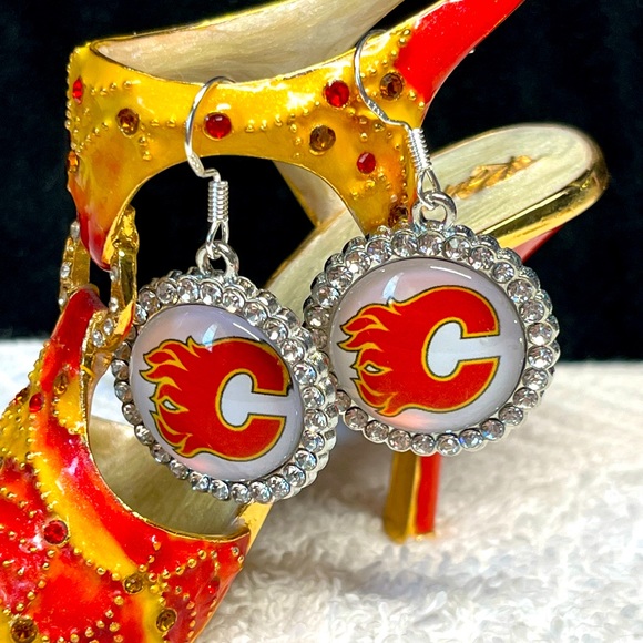 Flames hockey earrings -sterling silver hooks - Picture 6 of 8